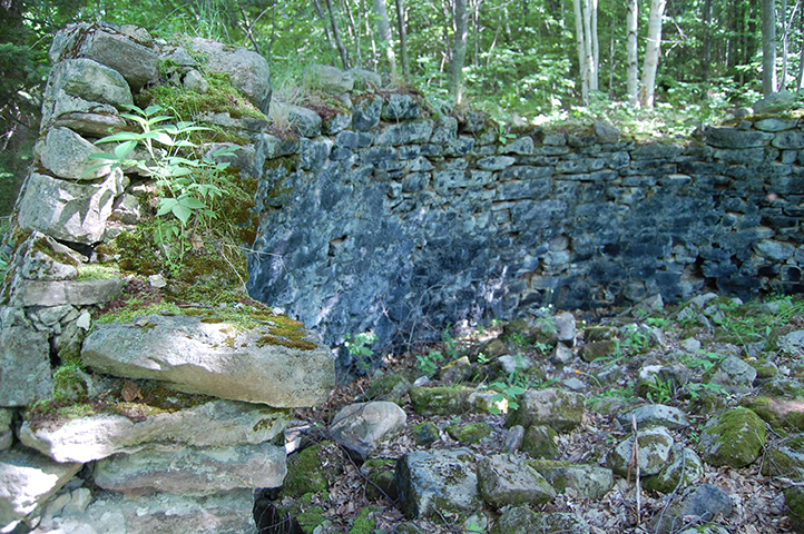 Crumbling sandstone kiln ruins covered in moss and vegetation.