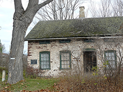 Weathered stone house with mossy roof, shuttered windows, and a large tree in front.