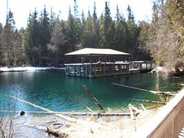 Covered observation raft floating over clear blue spring surrounded by evergreen trees.