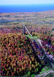  Aerial view of Copper Peak ski flying hill, overlooking Lake Superior.